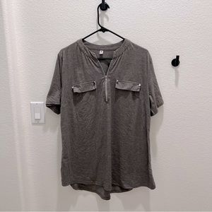 Lucky More Brown Zipper Front Faux Pockets Short Sleeve Top - Size XXL